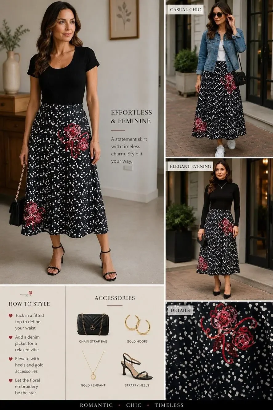 Susan Bristol Embroidered Rose Polka Dot Midi Skirt Size 4 Cottagecore